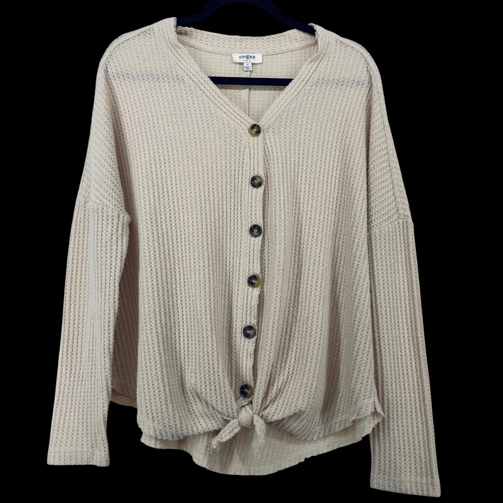 Umgee Oversized Small Waffle Knit Top Beige Button Front Tie Hem Womens Neutral